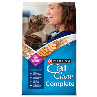 Blue bag of Purina Cat Chow Complete dry cat food featuring a woman smiling and holding a tabby cat