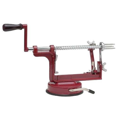 Red metal apple peeler with suction base and hand crank for kitchen gadgets and tools under $50