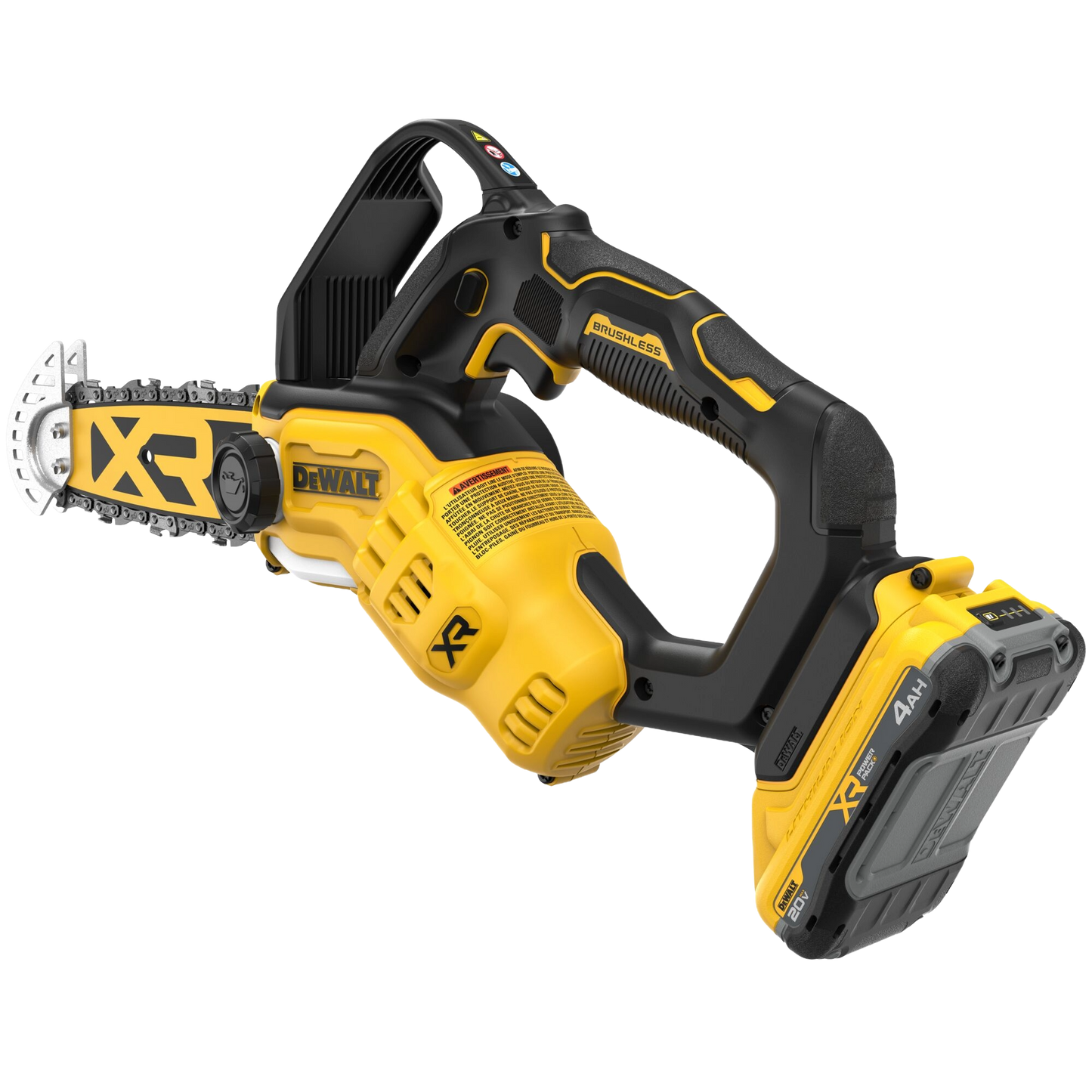 Compact 8-inch cordless brushless pruning chainsaw in yellow and black with ergonomic handle and 20V battery, ideal for outdoor power equipment and lawn care.