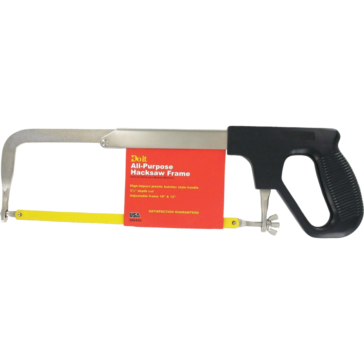 All-purpose hacksaw with black ergonomic handle and adjustable yellow blade for home improvement cutting tasks