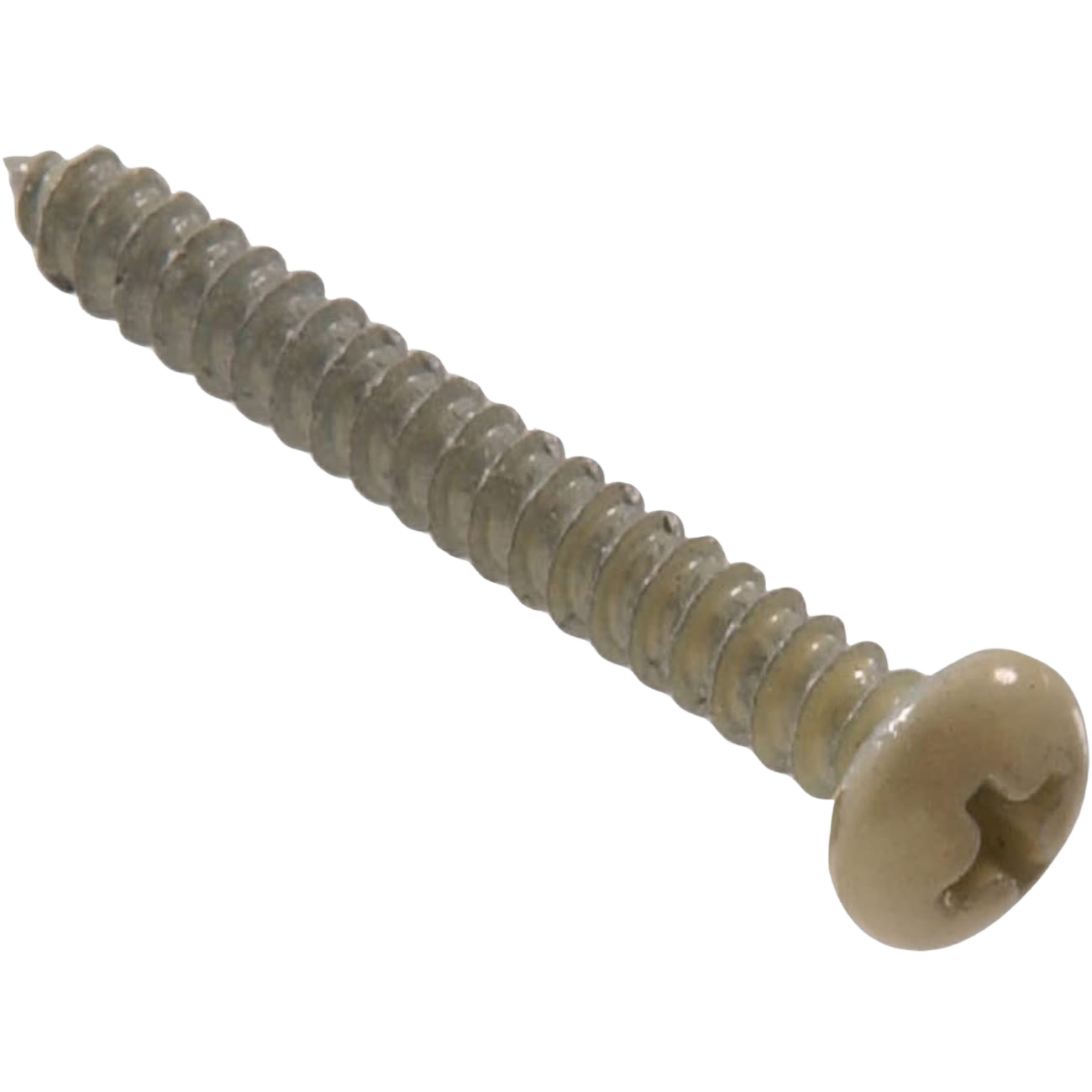 Almond finish screw with Phillips head designed for securing shelf brackets in home improvement projects