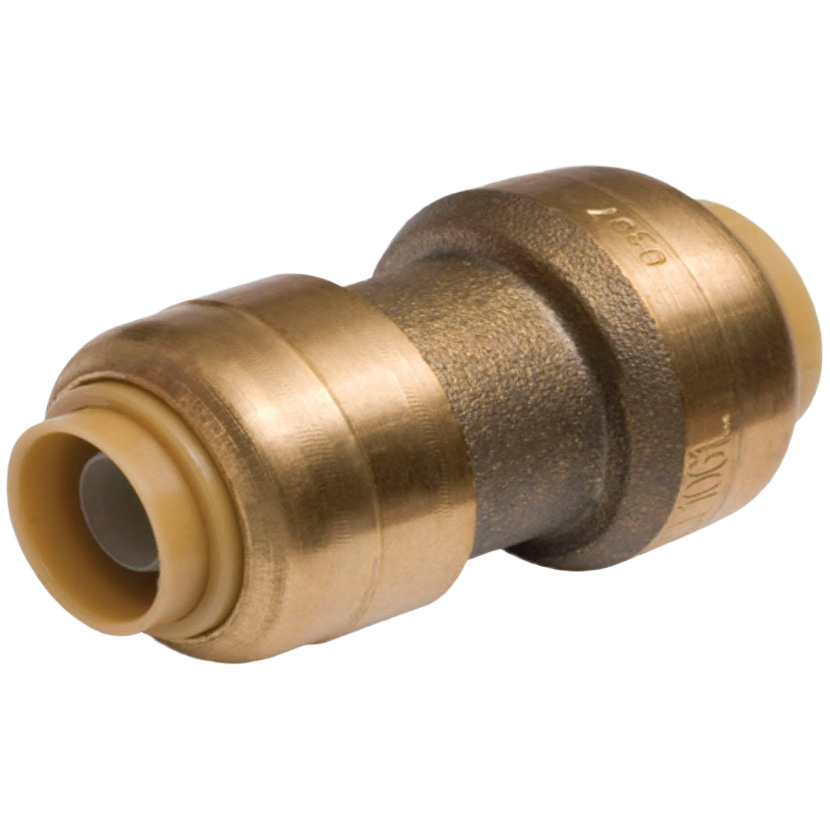 Brass push-to-connect plumbing coupling for reducing pipe sizes in pipes and fittings collection