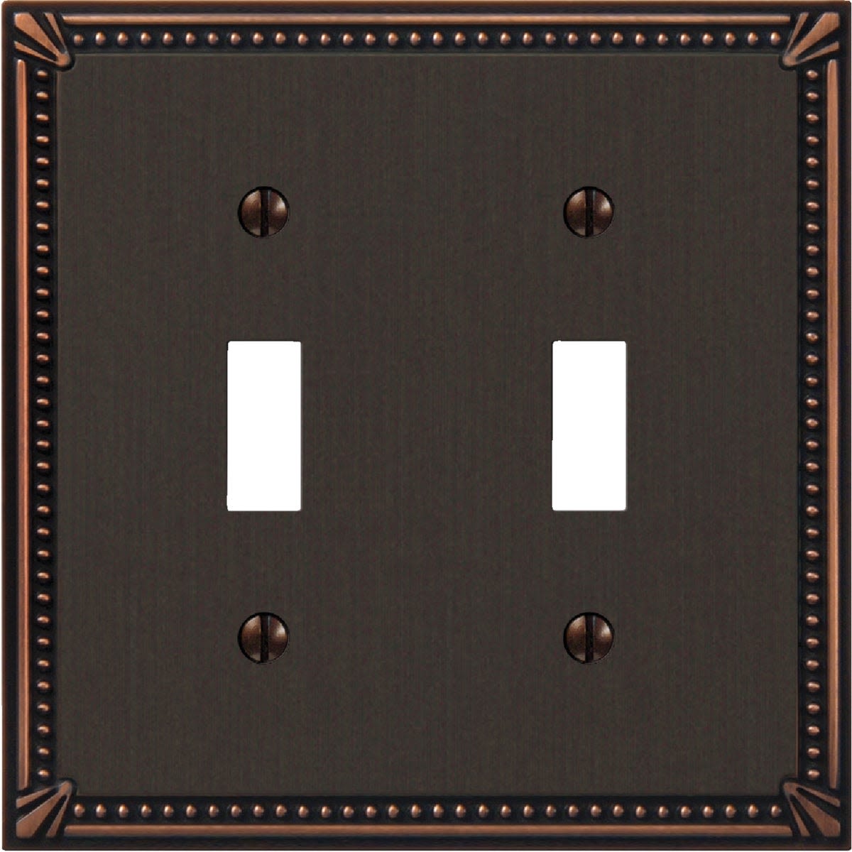 Aged bronze double toggle switch wall plate with imperial bead cast metal frame for home improvement projects