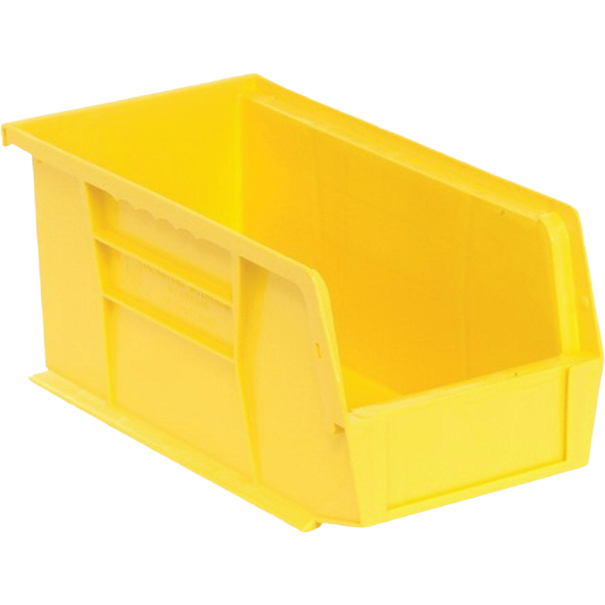 Medium yellow plastic storage bin with wide front opening for organizing tools and home improvement supplies