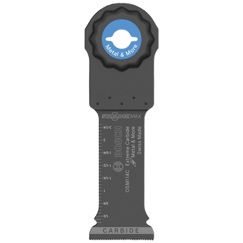 Oscillating carbide blade with measurement markings and starlock mount for cutting metal and other materials in home improvement tasks