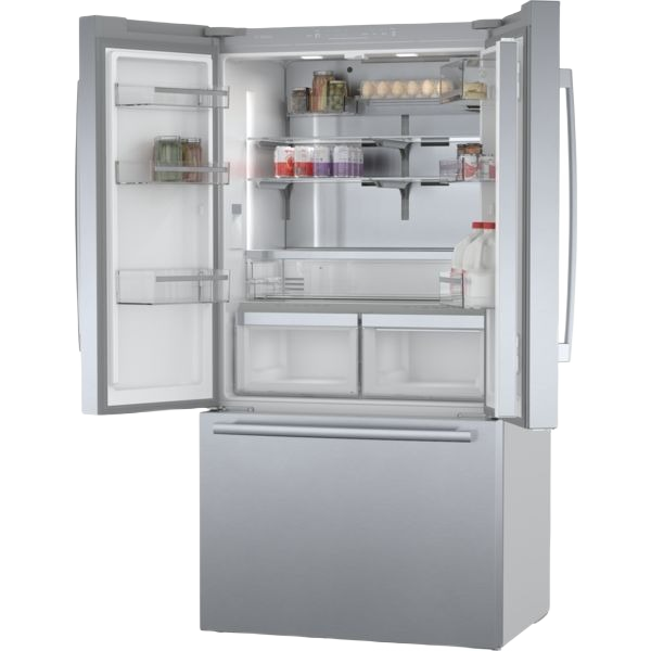 Open stainless steel French door refrigerator with illuminated interior and adjustable glass shelves in Bosch appliances collection
