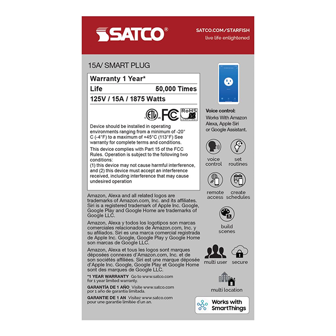 Satco white Wi-Fi smart plug with 15 amp capacity for smart home control in electrical and home improvement tools