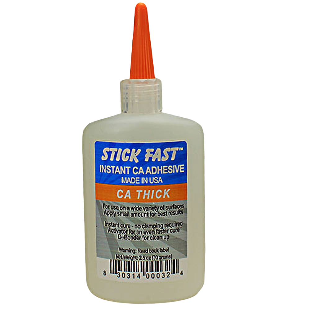 Bottle of Stick Fast thick CA glue with precision orange nozzle for bonding uneven surfaces and home improvement tasks