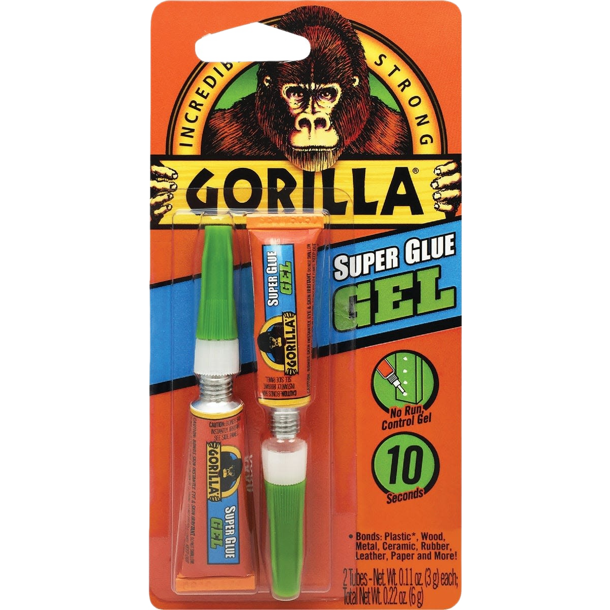 Two-pack of Gorilla Super Glue Gel tubes with green caps for bonding multiple materials fast and strong