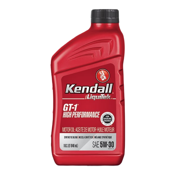 Red plastic quart bottle of Kendall GT-1 high performance synthetic blend motor oil for automotive use under $50 collection