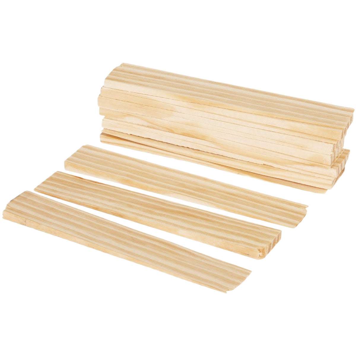 Stack of tapered white wood shims made from kiln-dried northern wood for lumber and building materials collections