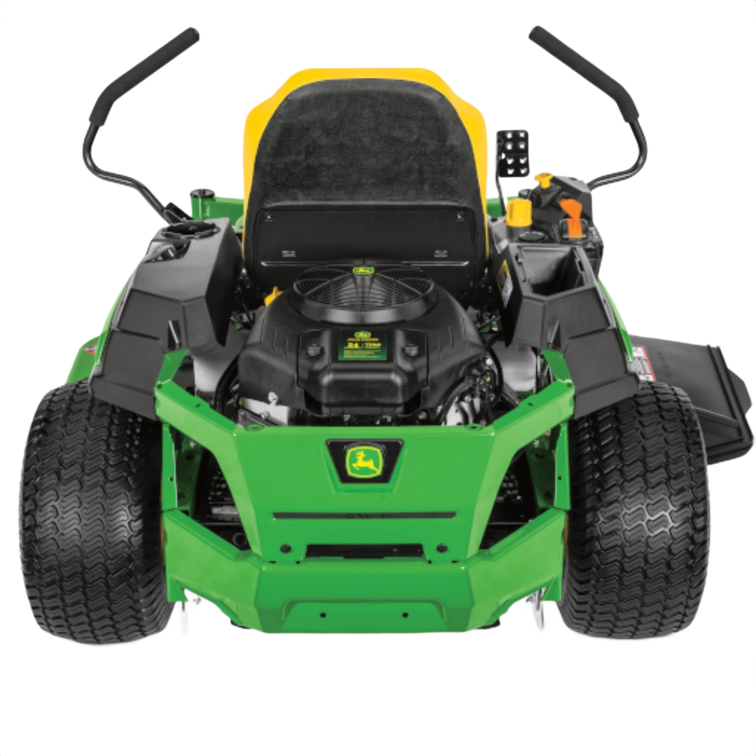 Front view of green and yellow zero-turn mower with wide tires and visible engine for home improvement tasks