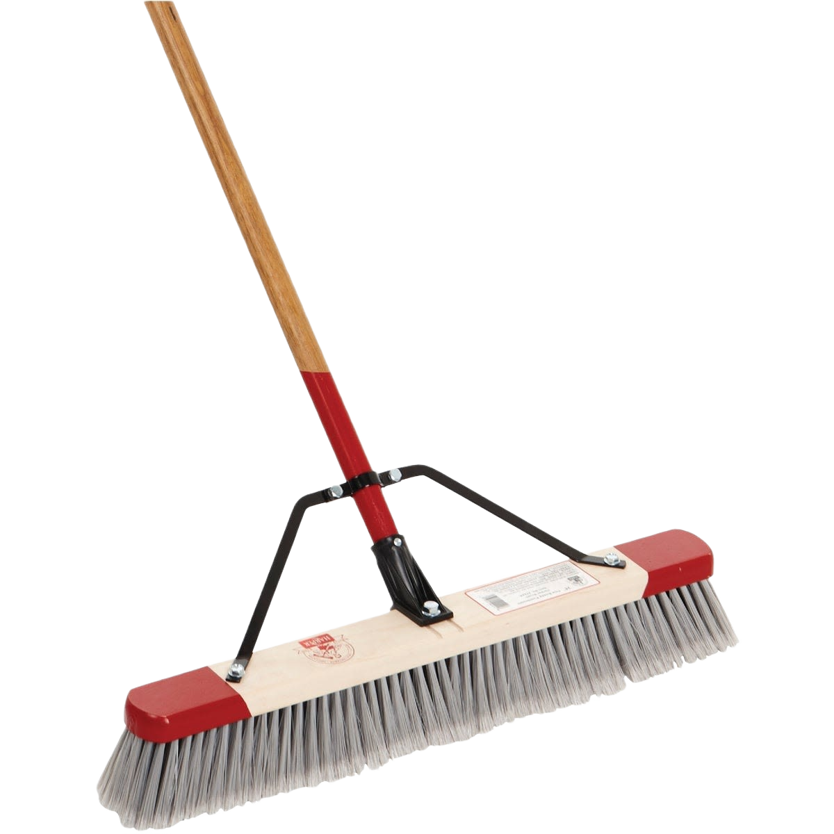 Heavy-duty push broom with 24-inch synthetic bristles and wooden handle for indoor cleaning tools collection