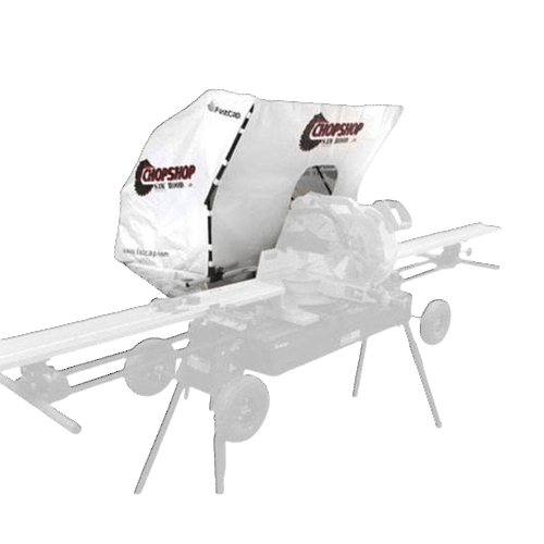 White dust hood attachment for miter saw designed to reduce dust in saw accessories and power tool collections