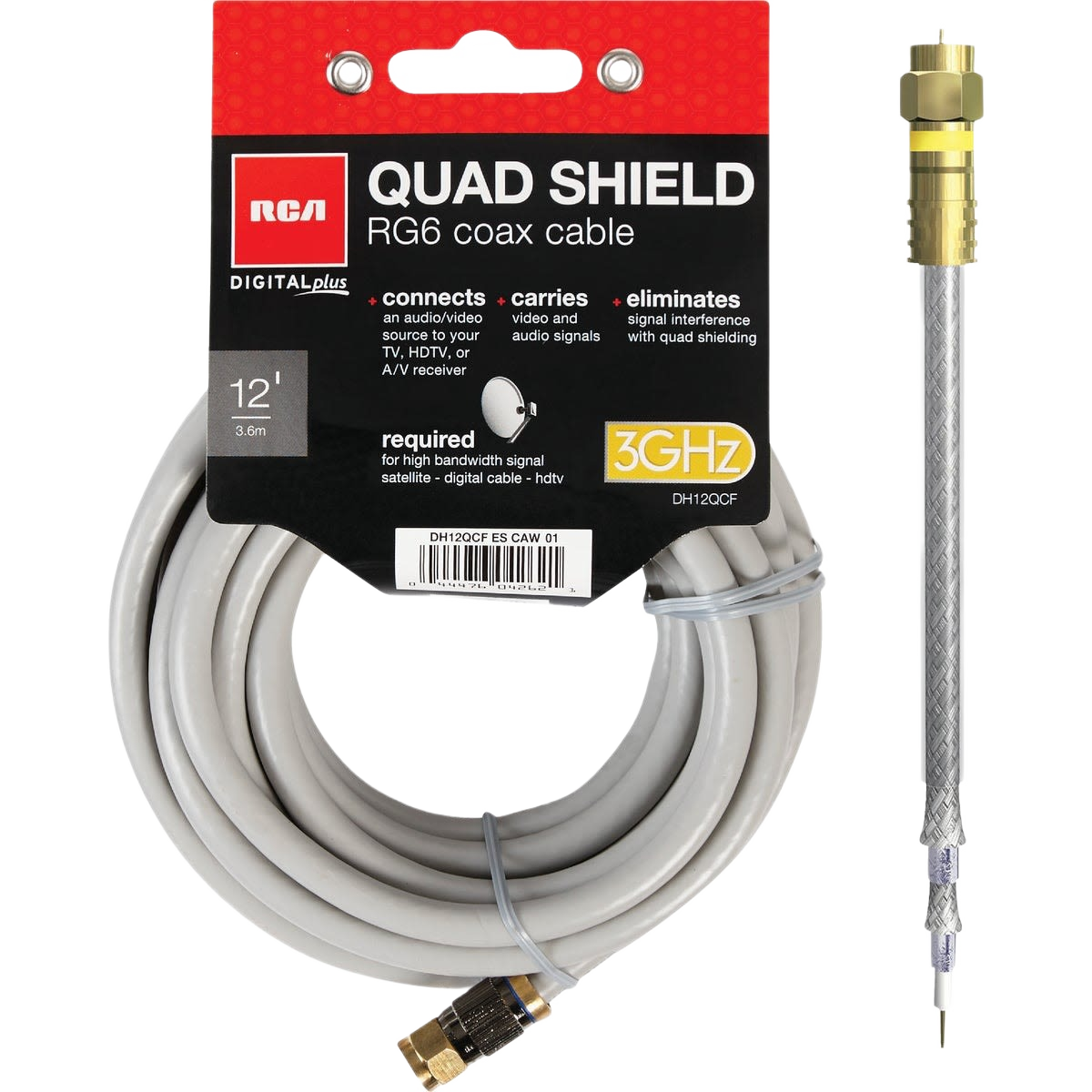 Coaxial cable with quad shielding, 12-foot length, and gold-plated connector for home improvement use