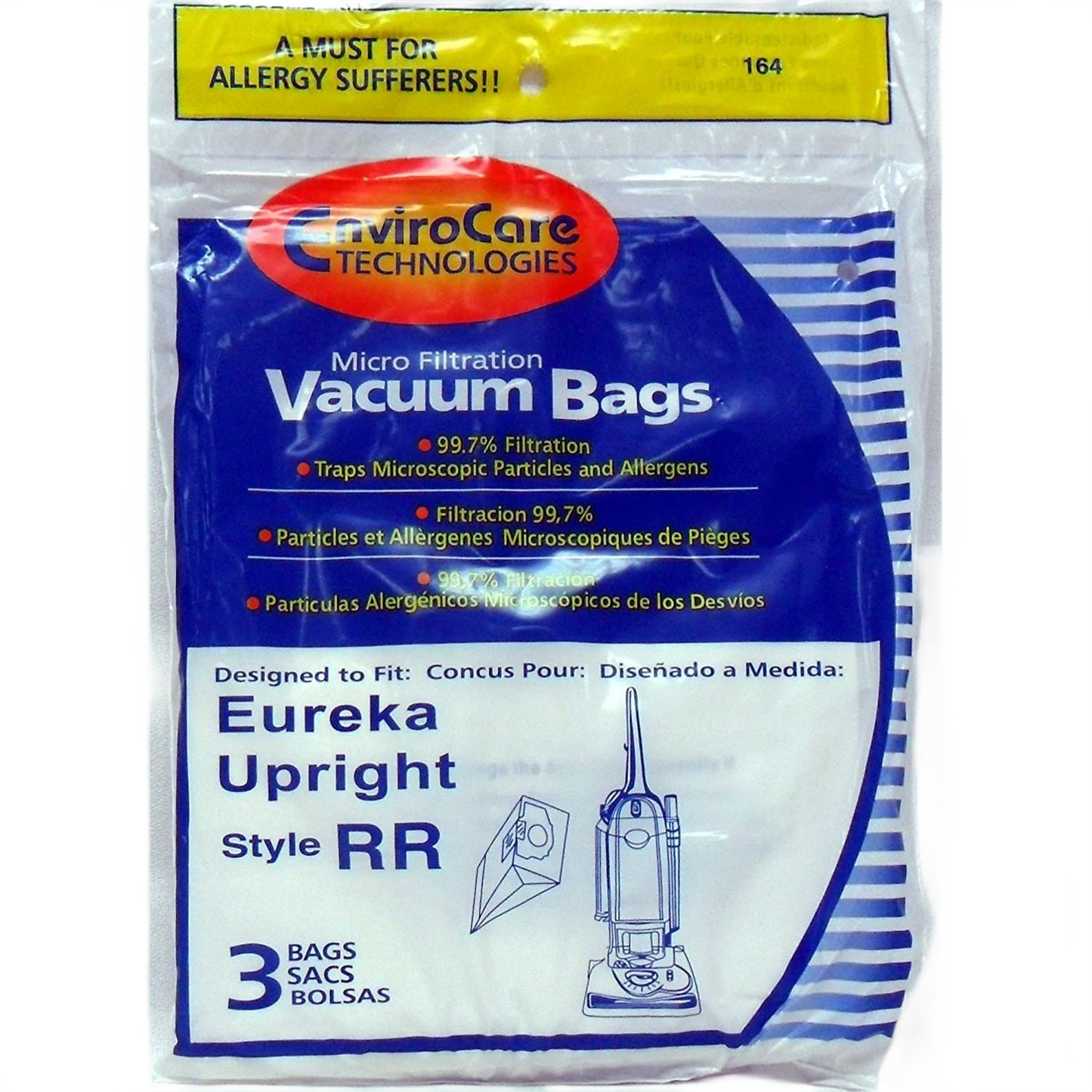 Pack of three vacuum bags with micro filtration capturing 99.7% of allergens and particles for home cleaning tasks