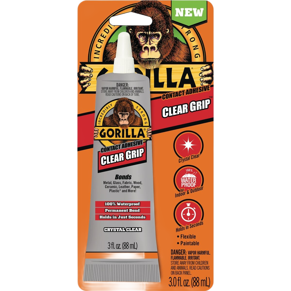 Tube of Gorilla Clear Grip adhesive in orange packaging for tools and home improvement projects with instant strong hold