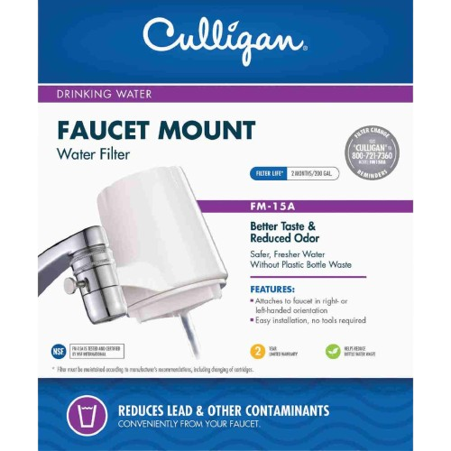 White faucet-mounted water filter attached to chrome faucet for improved water taste and odor reduction in home use