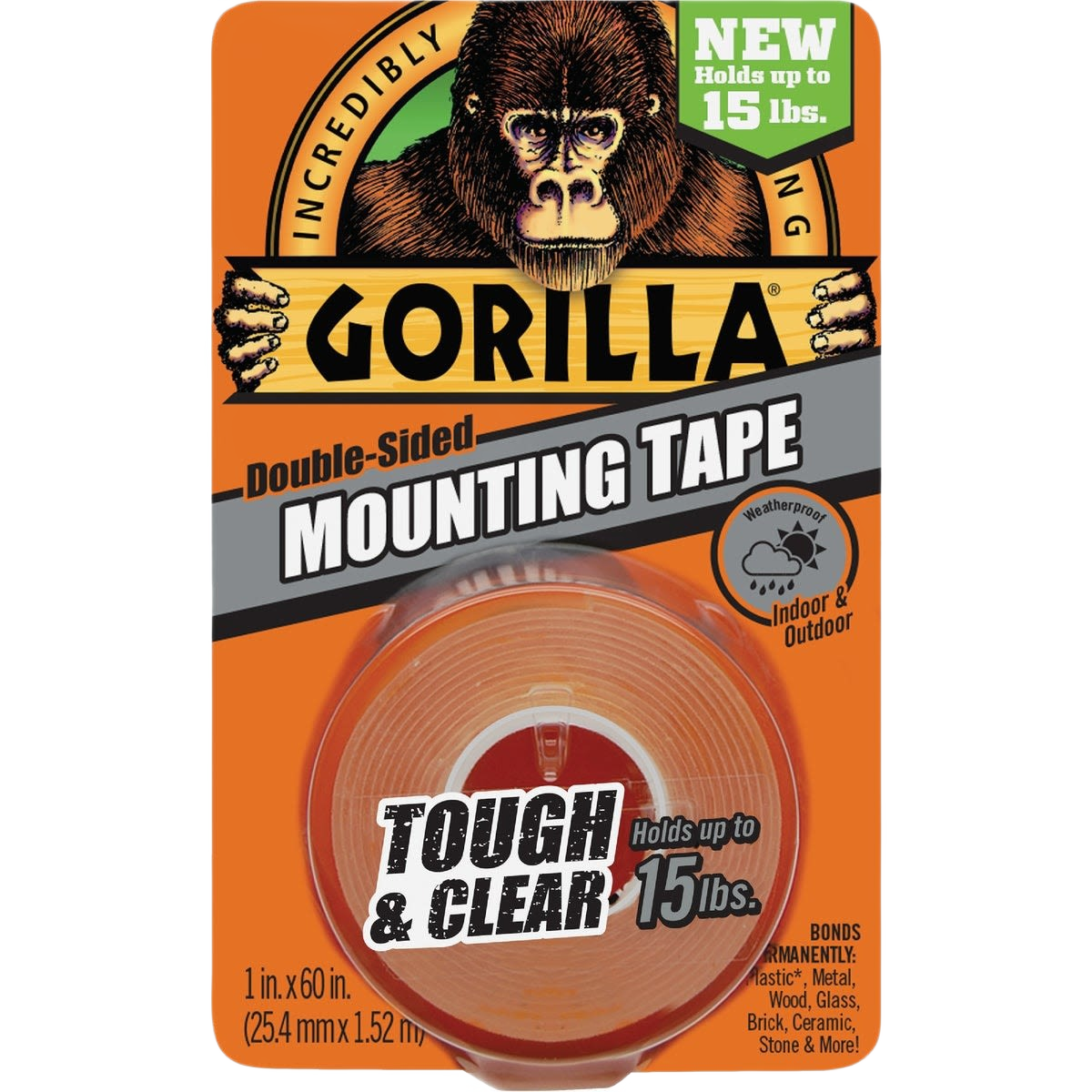 Packaging of Gorilla double-sided mounting tape with 15 lb. hold capacity for indoor and outdoor use in tapes collection