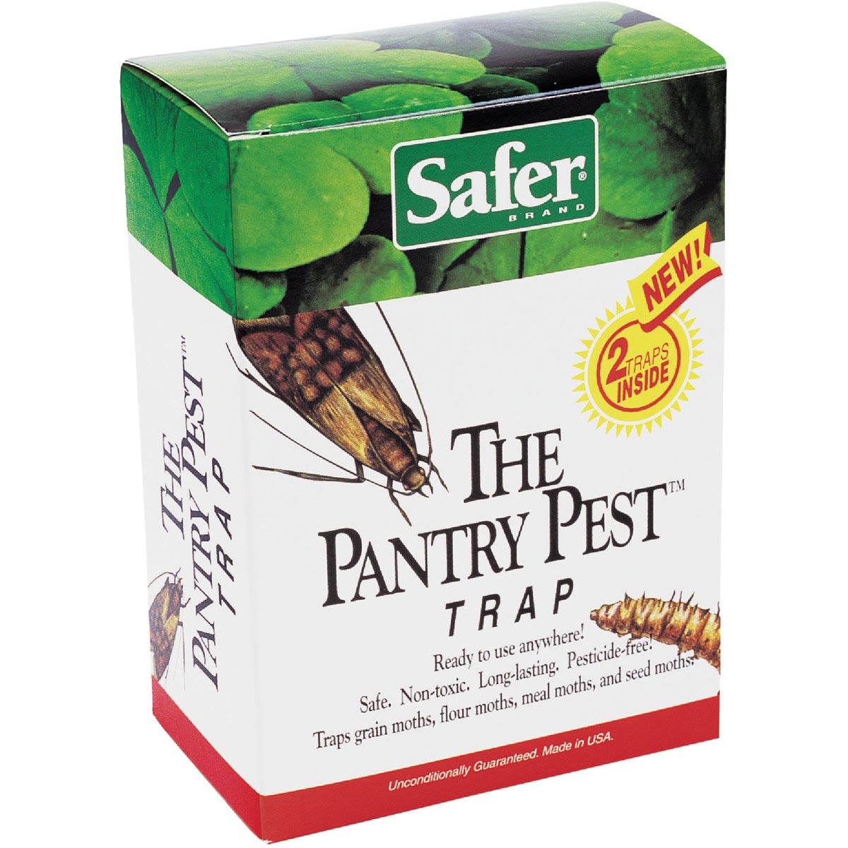 Green and white box of Safer Pantry Pest Trap with moth illustrations for home improvement use