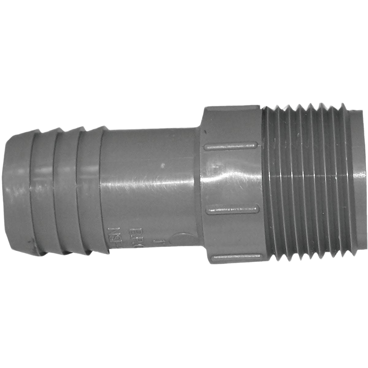 Gray polypropylene hose adapter with threaded and barbed ends for plumbing and irrigation pipe connections under $50.