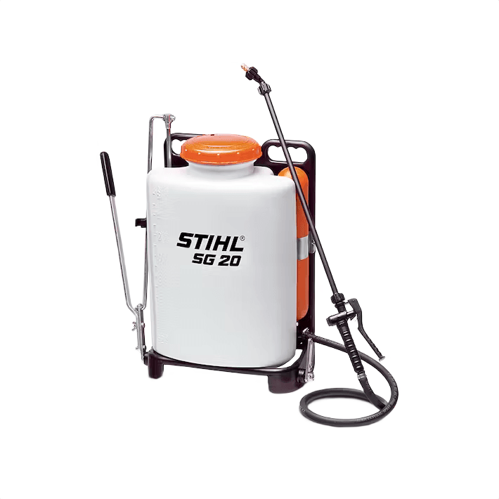 White STIHL manual backpack sprayer with orange lid and black hose for lawn care and plant care tasks under $50