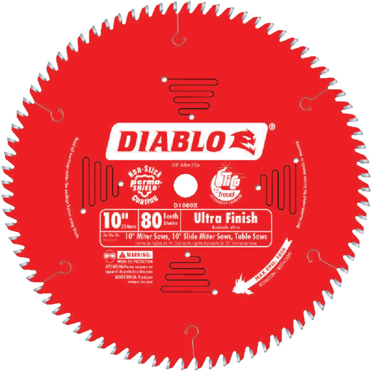 Red 10-inch circular saw blade with 80 teeth designed for ultra-fine finish in tools and home improvement projects