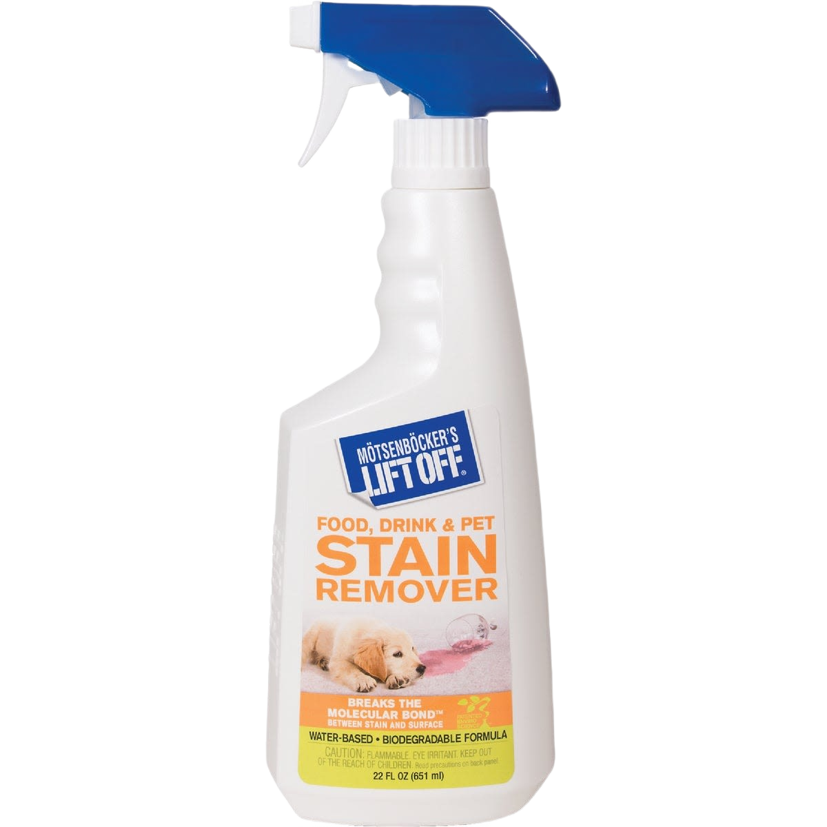 White spray bottle of stain remover for food, drink, and pet stains with blue trigger for home cleaning tasks