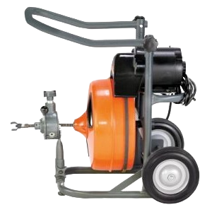 Compact pipe cleaning machine with orange drum and black motor mounted on a gray steel frame with wheels, designed for plumbing rental use at Hartville Hardware.