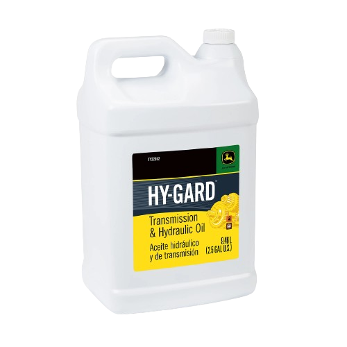 White 2.5-gallon container of John Deere Hy-Gard transmission and hydraulic oil for automotive maintenance tasks