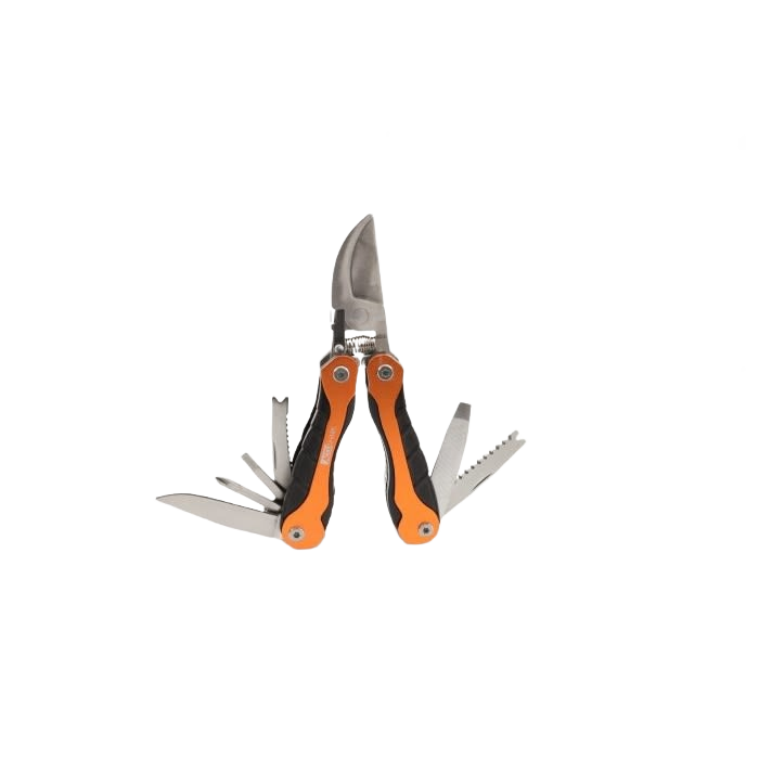 Compact multi-tool with orange and black handles featuring multiple fold-out blades and scissors for outdoor use