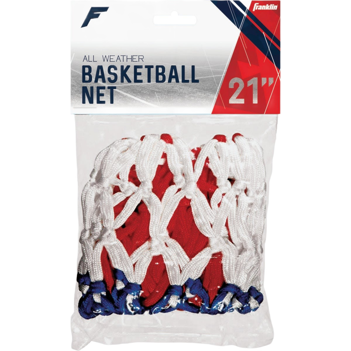 Red, white, and blue all-weather basketball net measuring 21 inches in packaged retail display for home improvement