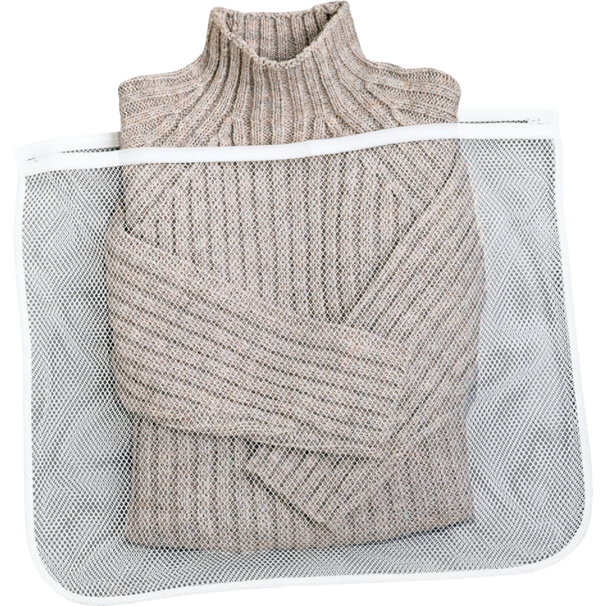 White mesh laundry bag with durable zipper protecting beige ribbed sweater for laundry storage and organization.