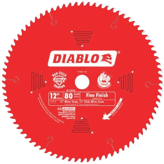 Red 12-inch circular saw blade with 80 teeth designed for fine finish cuts in home improvement projects