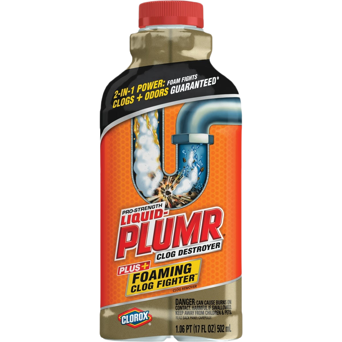 Drain opener bottle with foaming formula for fighting clogs and odors in plumbing and home improvement collections