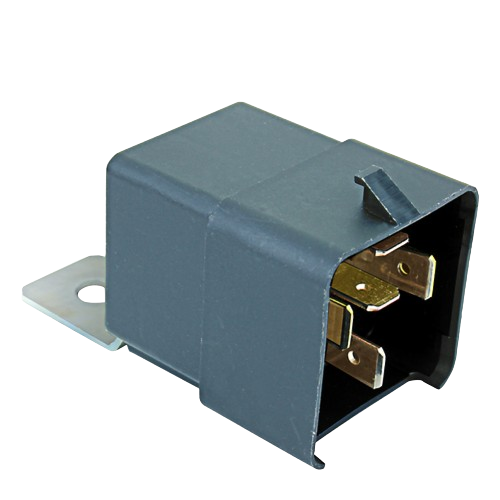 Compact black electrical relay with metal mounting bracket and four brass terminals for John Deere parts and lubricants collections under $50