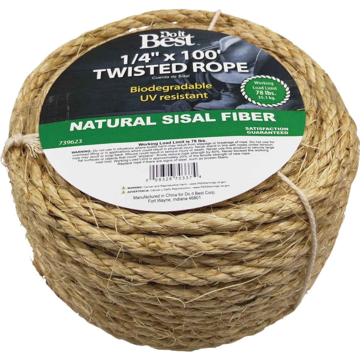 Natural twisted sisal fiber rope coil measuring 1/4 inch by 100 feet, biodegradable and UV resistant for home use