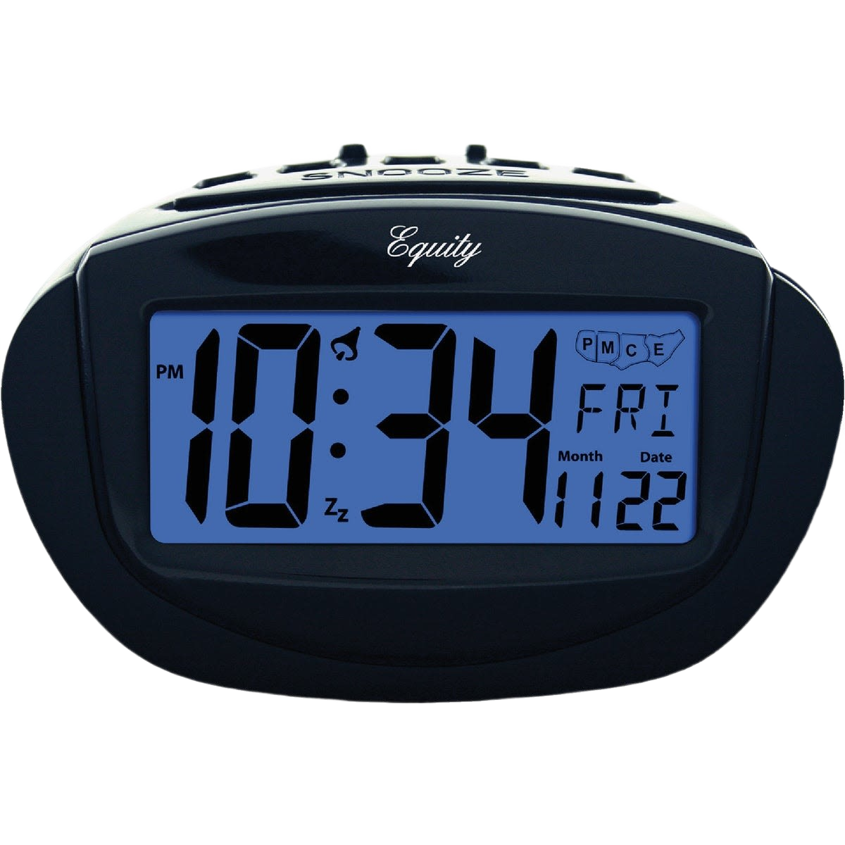 Digital black electric alarm clock with large blue backlit display showing time, date, and day of week
