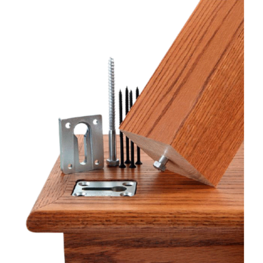 Metal fastener kit including screws and brackets for securing wooden stair newel posts in home improvement projects
