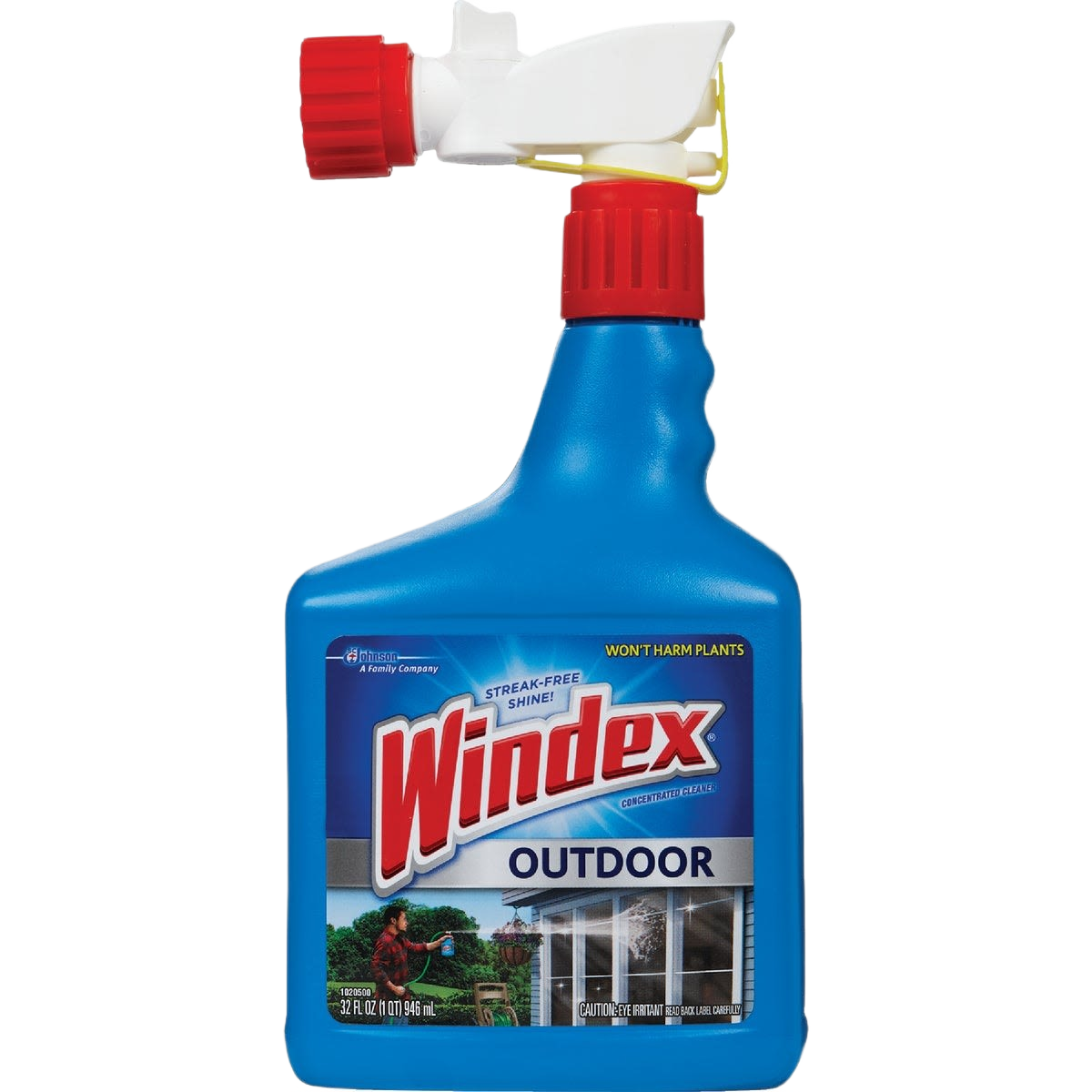 Blue plastic spray bottle of Windex Outdoor cleaner for outdoor glass and surface cleaning in cleaning supplies collections