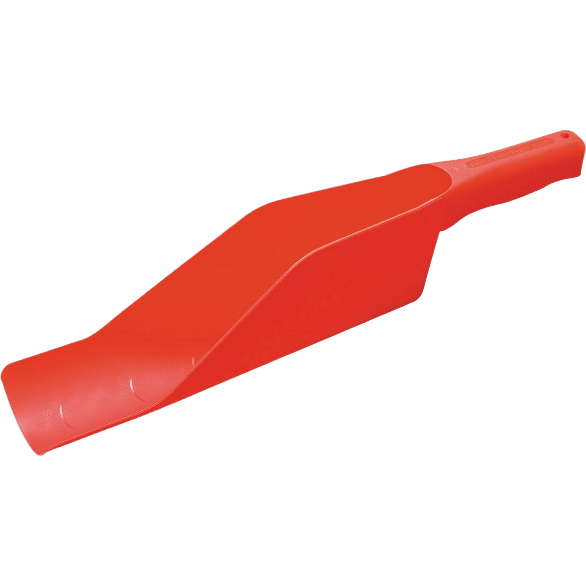 Red plastic scoop with elongated handle designed for gutter cleaning and home improvement tasks