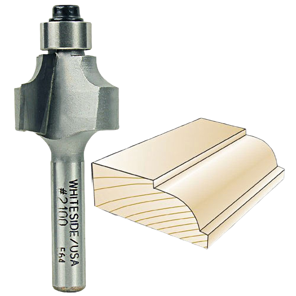 Carbide-tipped Whiteside beading router bit with sample beaded wood edge for woodworking tool accessories.