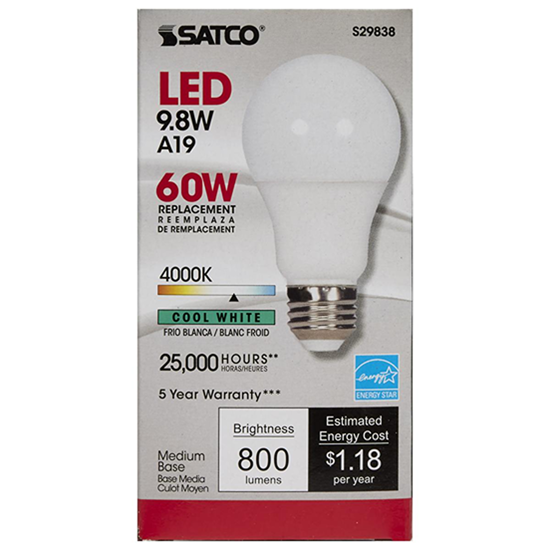 Satco 9.8 watt A19 LED bulb with medium base, cool white 4000K light for lighting and ceiling fans under $50 collections