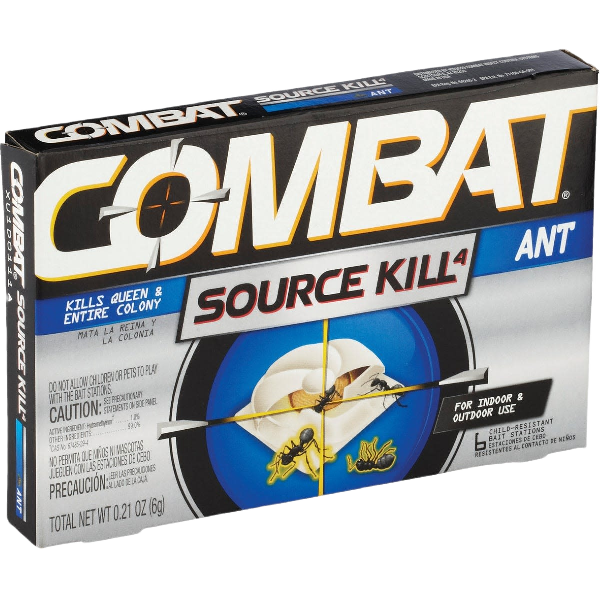 Box of Combat ant bait stations designed for indoor and outdoor ant control in household pest management