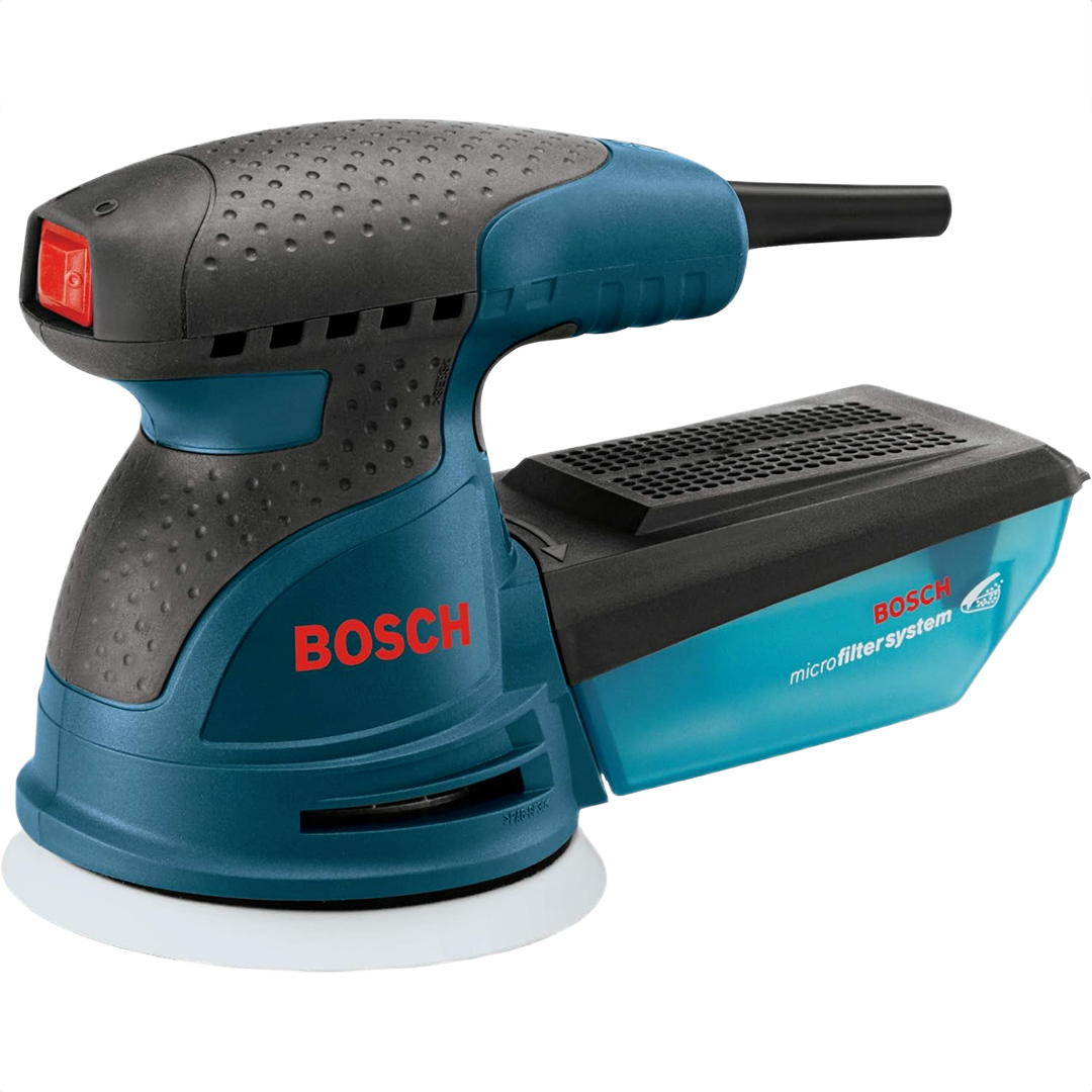 Compact blue and black palm sander with dust collection attachment for tools and home improvement use