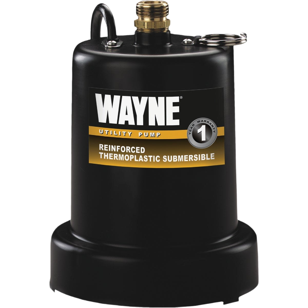 Black reinforced thermoplastic submersible pump with brass top fitting for home improvement and tool use