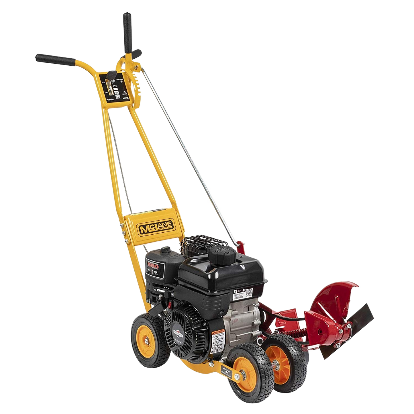 Yellow and red gas-powered lawn edger with black engine and four wheels designed for home improvement tasks