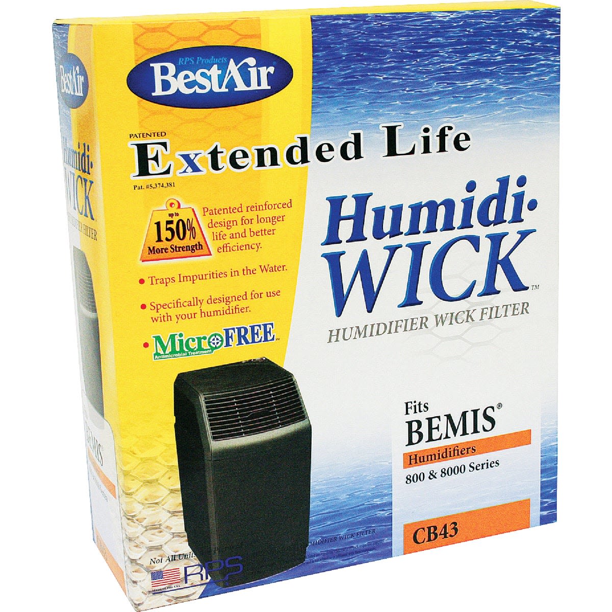 BestAir humidifier wick filter packaging showing product features for improved home appliance performance.