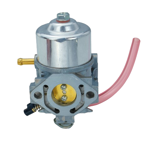 Silver metal carburetor with brass fittings and pink fuel line for automotive and John Deere engine parts collection