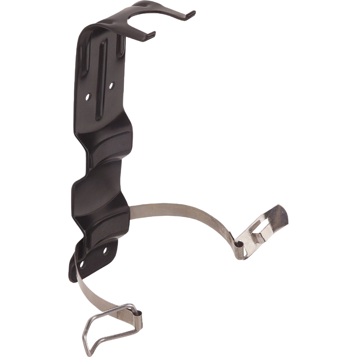 Black and silver heavy-duty steel fire extinguisher bracket designed for wall mounting in fire safety and electrical collections